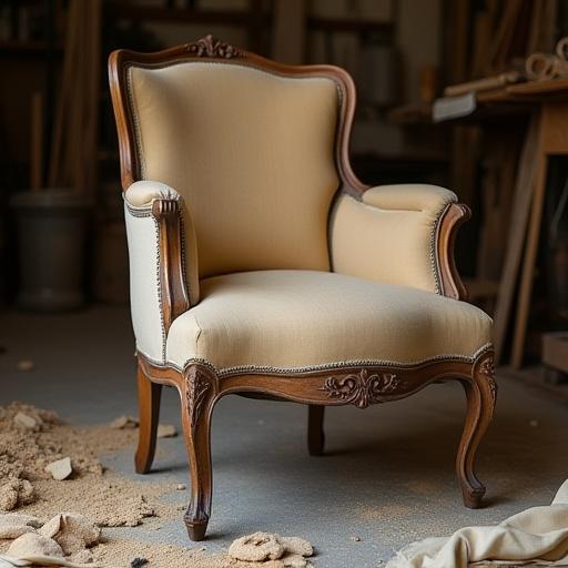 Silla antigua a mitad de un proceso de restauración y tapizado.